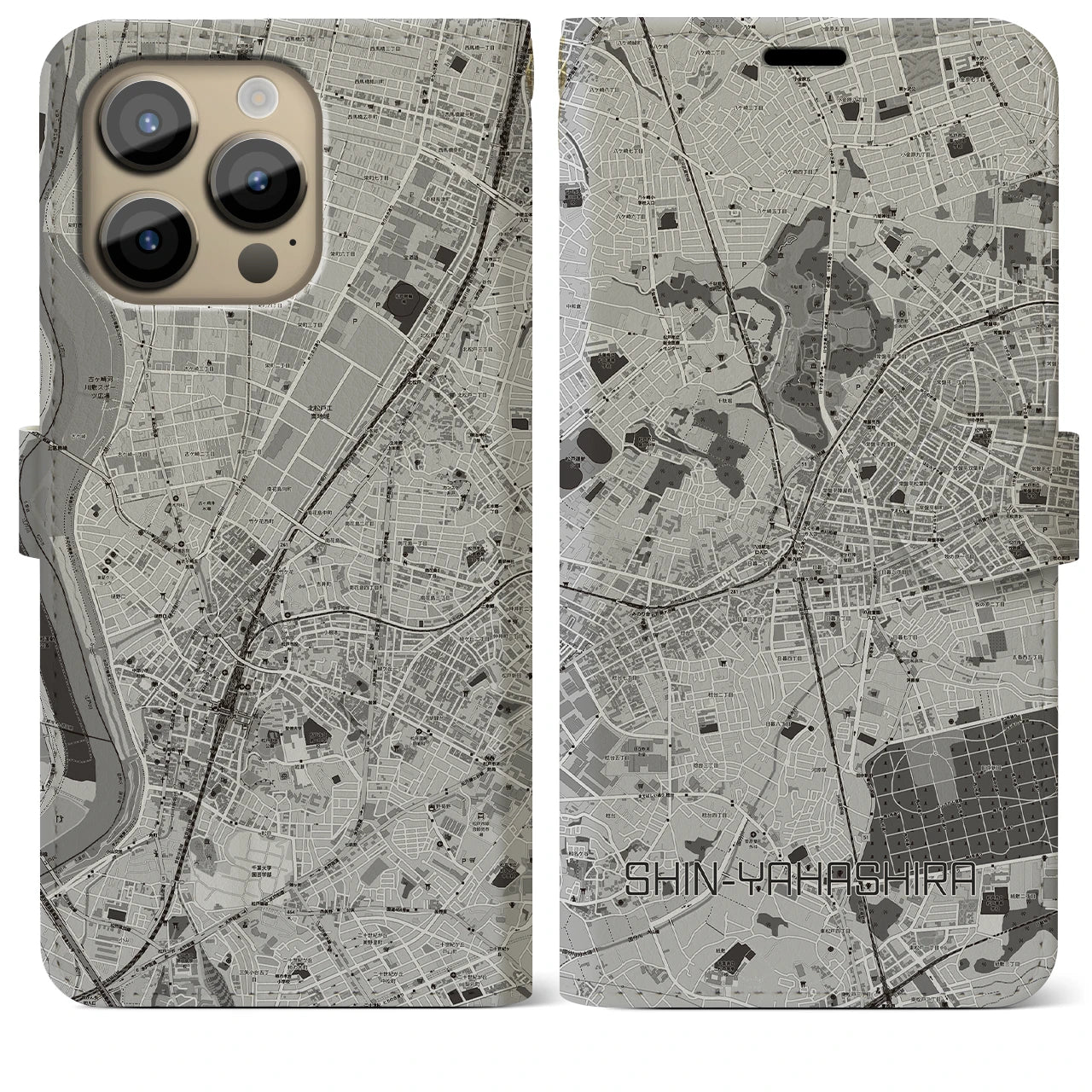 【新八柱(千葉県)】地図柄iPhoneケース(手帳タイプ)モノトーン・iPhone 14 Pro Max 用