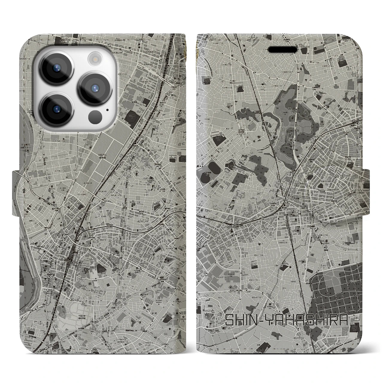 【新八柱(千葉県)】地図柄iPhoneケース(手帳タイプ)モノトーン・iPhone 14 Pro 用