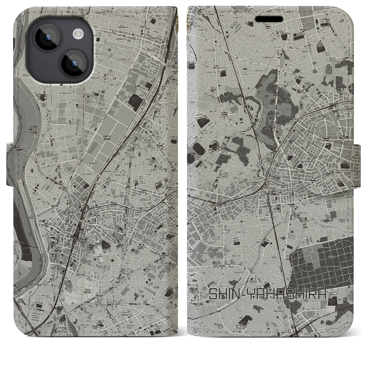 【新八柱(千葉県)】地図柄iPhoneケース(手帳タイプ)モノトーン・iPhone 14 Plus 用