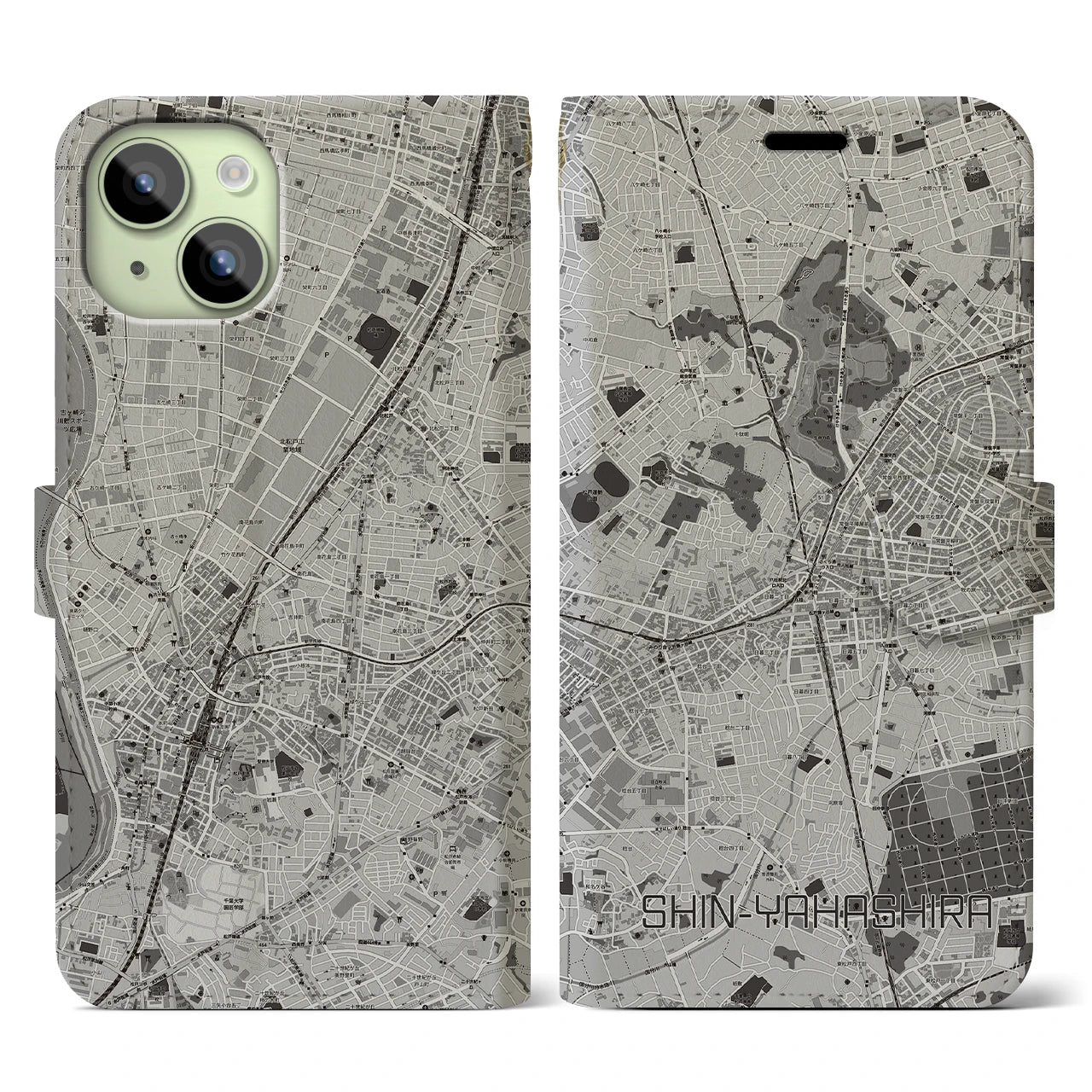 【新八柱(千葉県)】地図柄iPhoneケース(手帳タイプ)モノトーン・iPhone 15 用