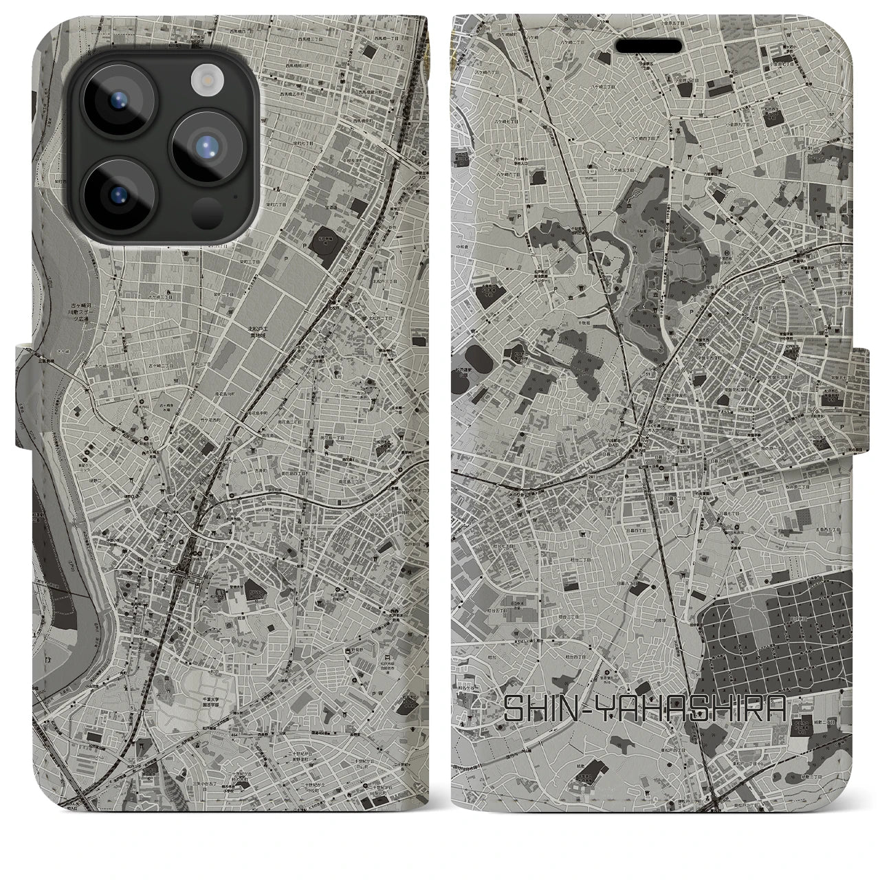 【新八柱(千葉県)】地図柄iPhoneケース(手帳タイプ)モノトーン・iPhone 15 Pro Max 用