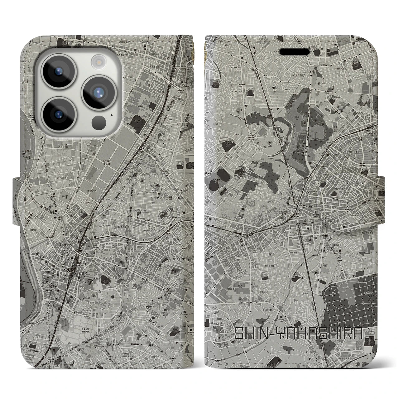 【新八柱(千葉県)】地図柄iPhoneケース(手帳タイプ)モノトーン・iPhone 15 Pro 用