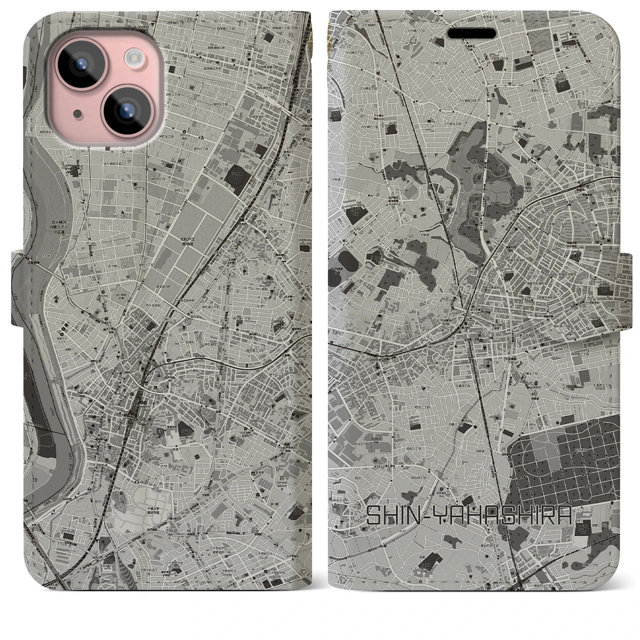 【新八柱(千葉県)】地図柄iPhoneケース(手帳タイプ)モノトーン・iPhone 15 Plus 用