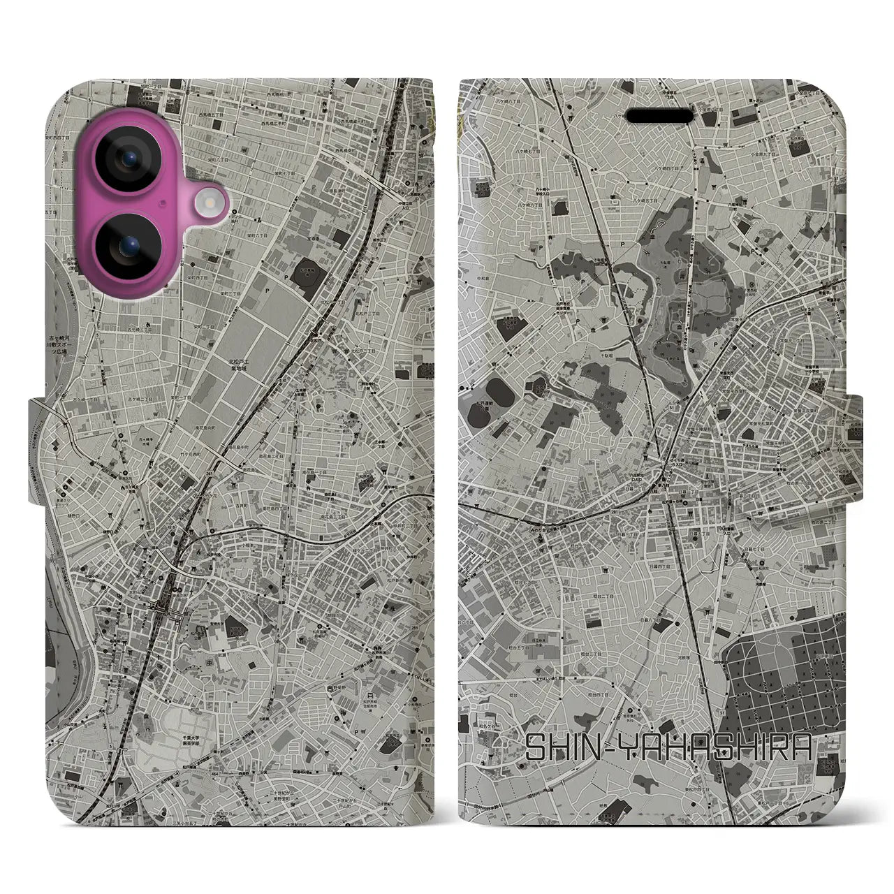 【新八柱(千葉県)】地図柄iPhoneケース(手帳タイプ)モノトーン・iPhone 16 Pro 用