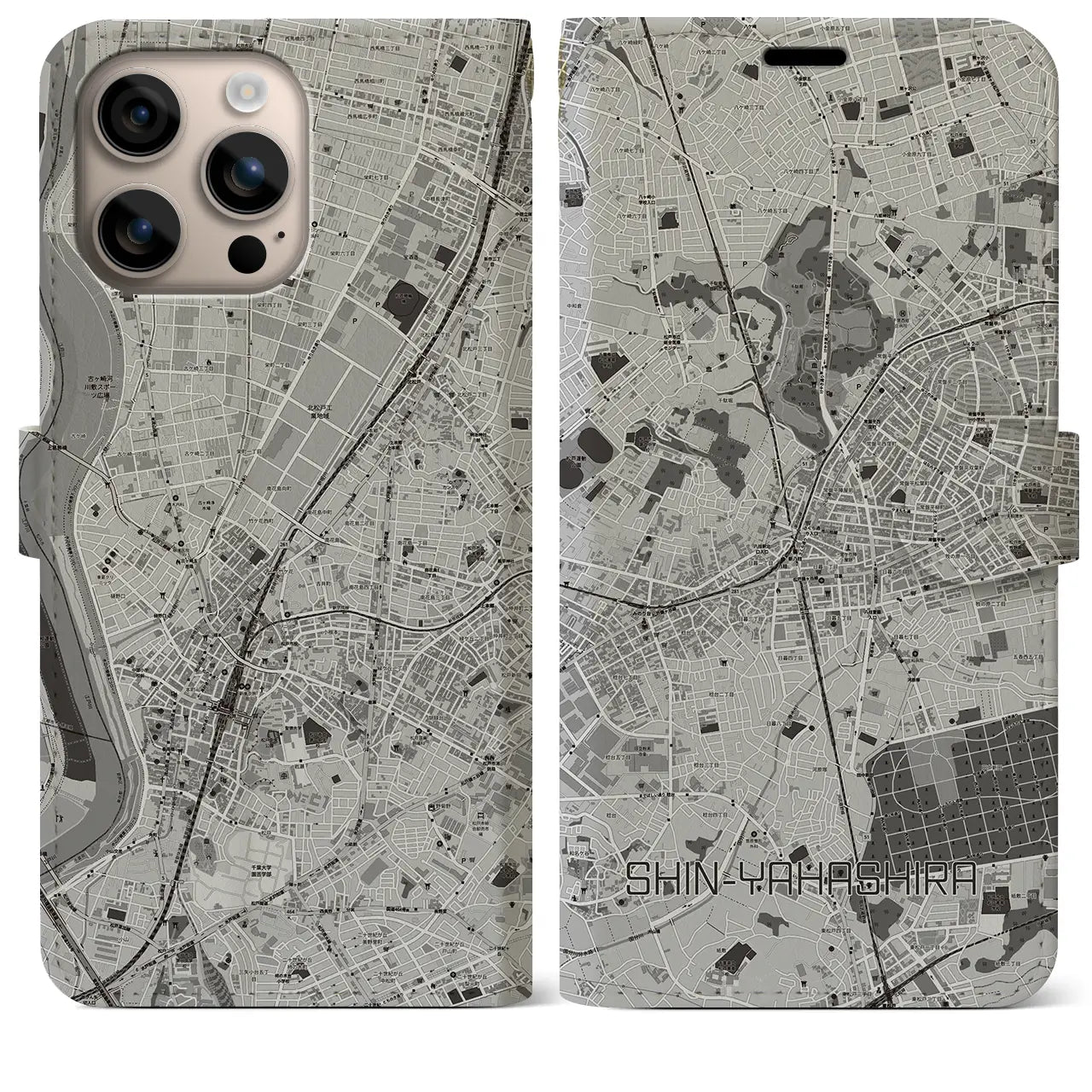 【新八柱(千葉県)】地図柄iPhoneケース(手帳タイプ)モノトーン・iPhone 16 Plus 用