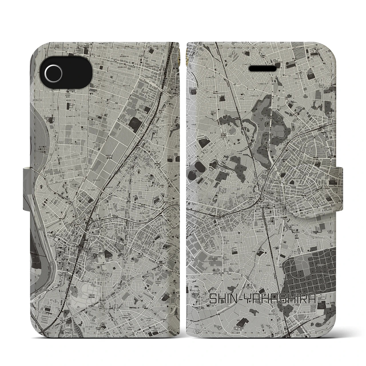 【新八柱(千葉県)】地図柄iPhoneケース(手帳タイプ)モノトーン・iPhone SE(第3 / 第2世代) / 8 / 7 / 6s / 6 用