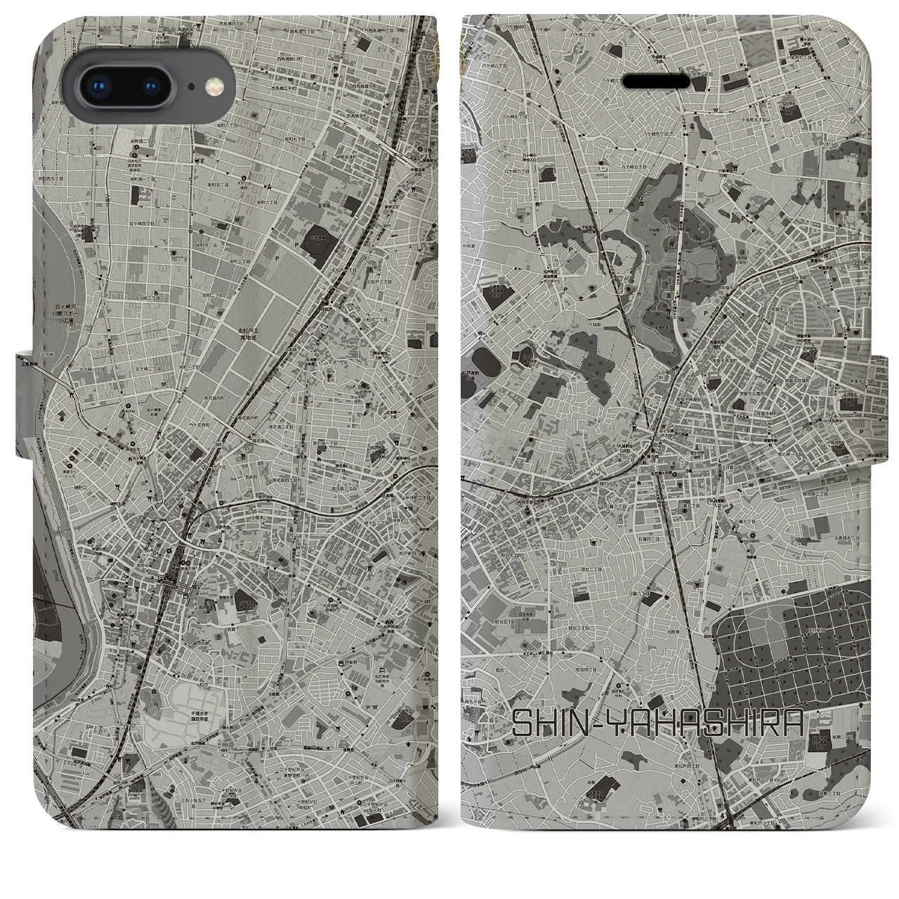 【新八柱(千葉県)】地図柄iPhoneケース(手帳タイプ)モノトーン・iPhone 8Plus /7Plus / 6sPlus / 6Plus 用