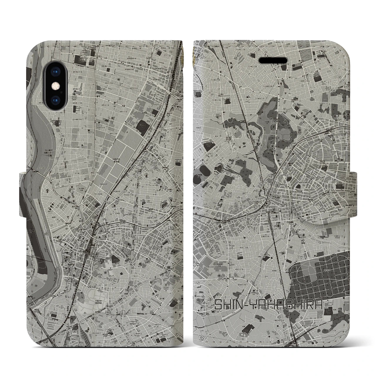 【新八柱(千葉県)】地図柄iPhoneケース(手帳タイプ)モノトーン・iPhone XS / X 用