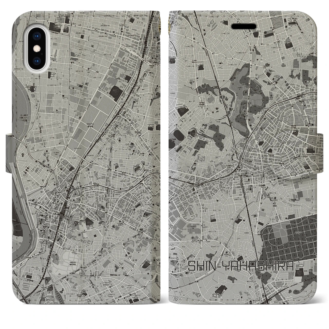 【新八柱(千葉県)】地図柄iPhoneケース(手帳タイプ)モノトーン・iPhone XS Max 用