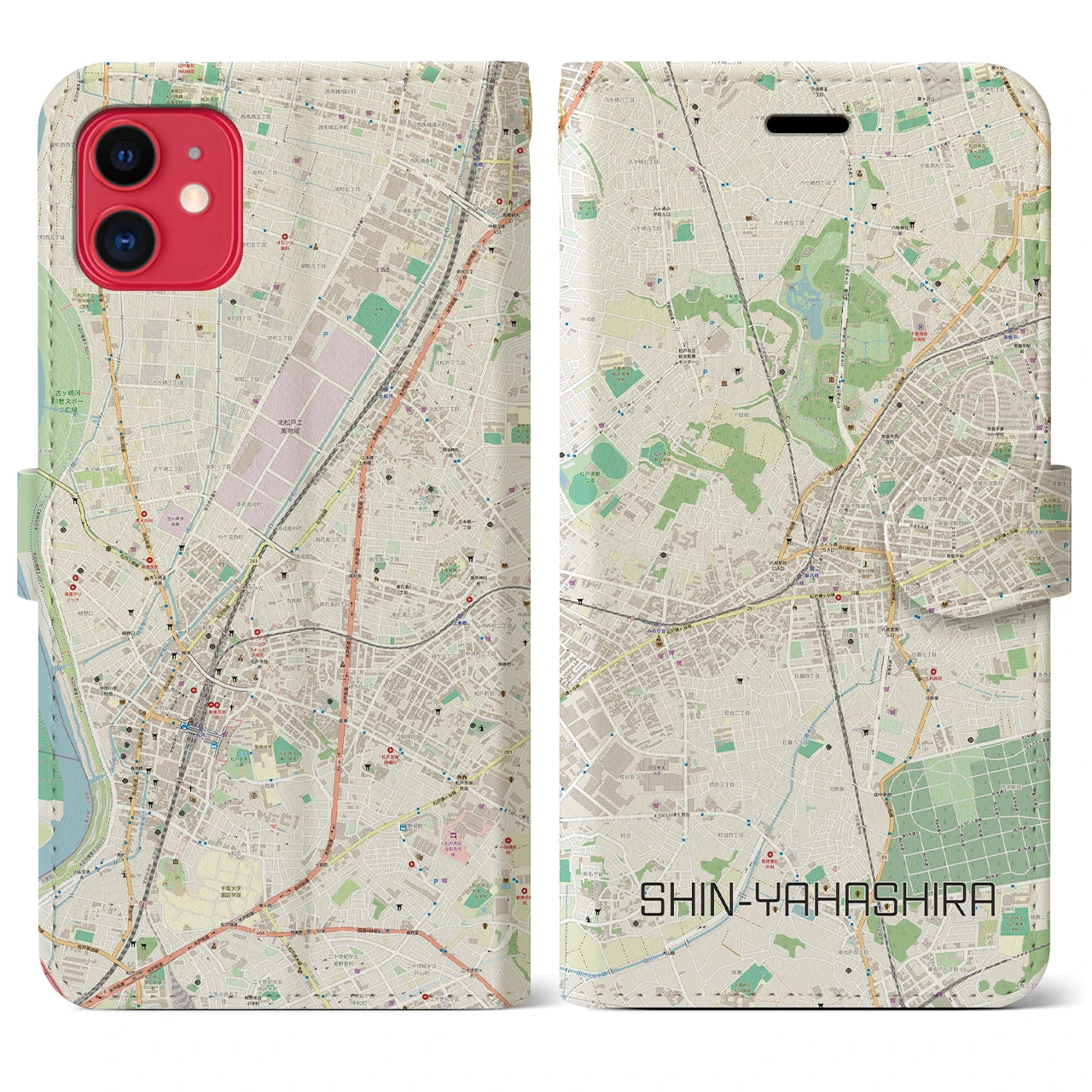 【新八柱(千葉県)】地図柄iPhoneケース(手帳タイプ)ナチュラル・iPhone 11 用