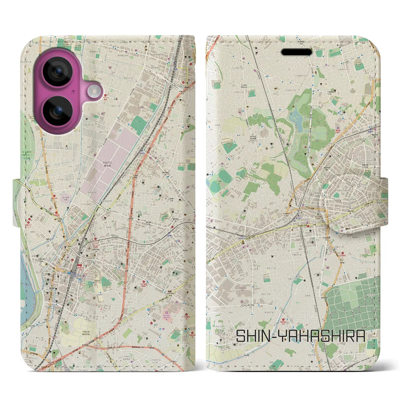 【新八柱(千葉県)】地図柄iPhoneケース(手帳タイプ)ナチュラル・iPhone 16 Pro 用