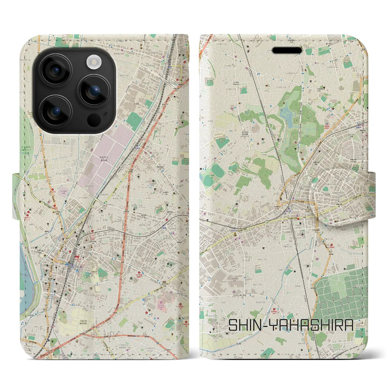 【新八柱(千葉県)】地図柄iPhoneケース(手帳タイプ)ナチュラル・iPhone 16 用