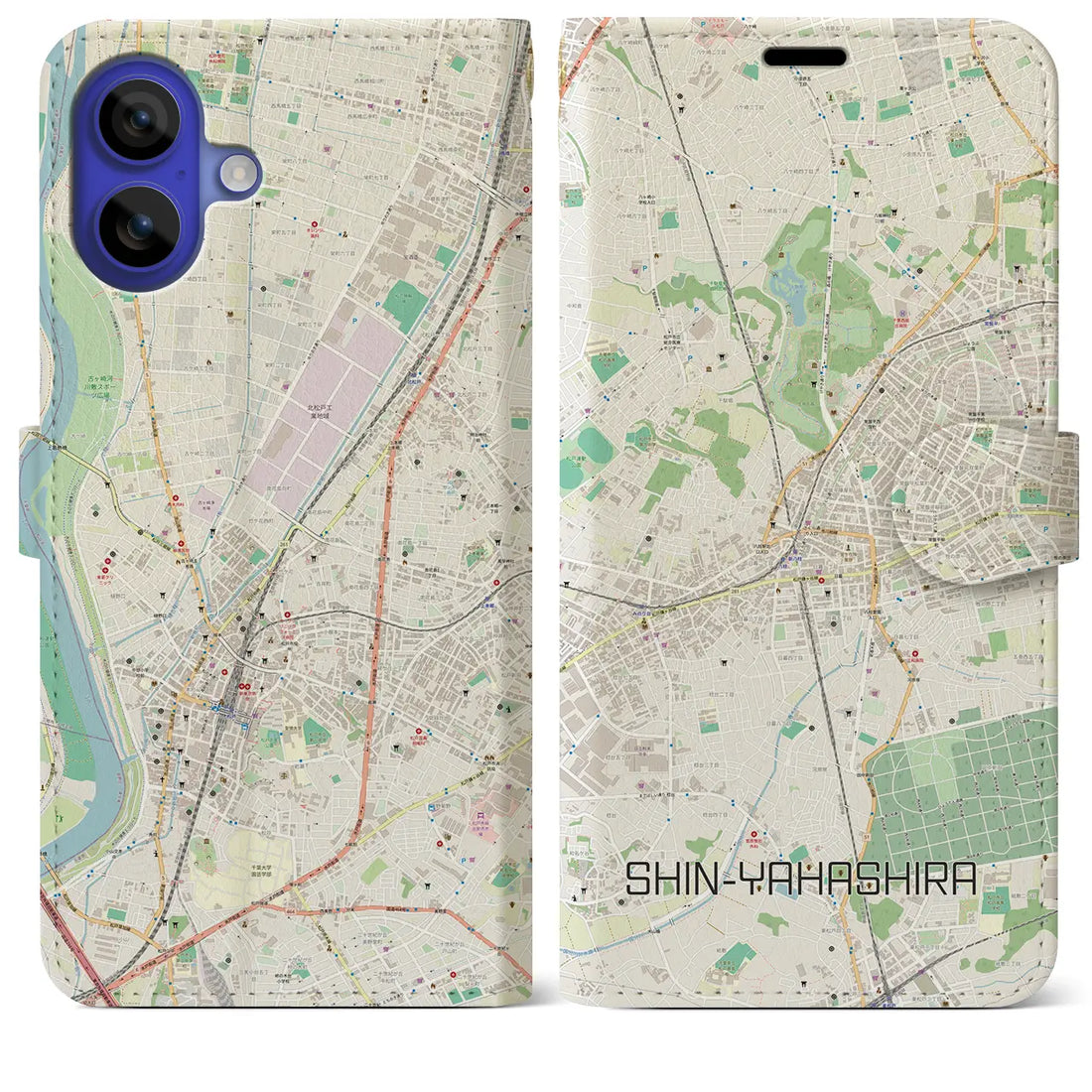 【新八柱(千葉県)】地図柄iPhoneケース(手帳タイプ)ナチュラル・iPhone 16 Pro Max 用