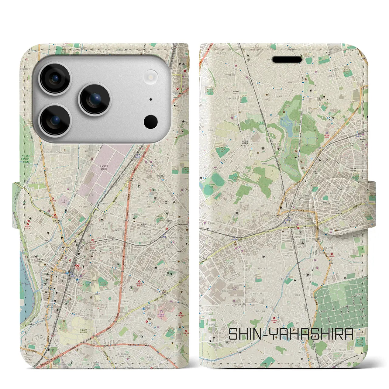 【新八柱(千葉県)】地図柄iPhoneケース(手帳タイプ)ナチュラル・iPhone 17 Pro Max 用