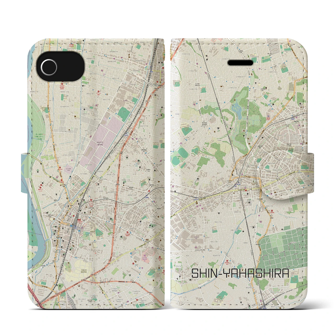 【新八柱(千葉県)】地図柄iPhoneケース(手帳タイプ)ナチュラル・iPhone SE(第3 / 第2世代) / 8 / 7 / 6s / 6 用