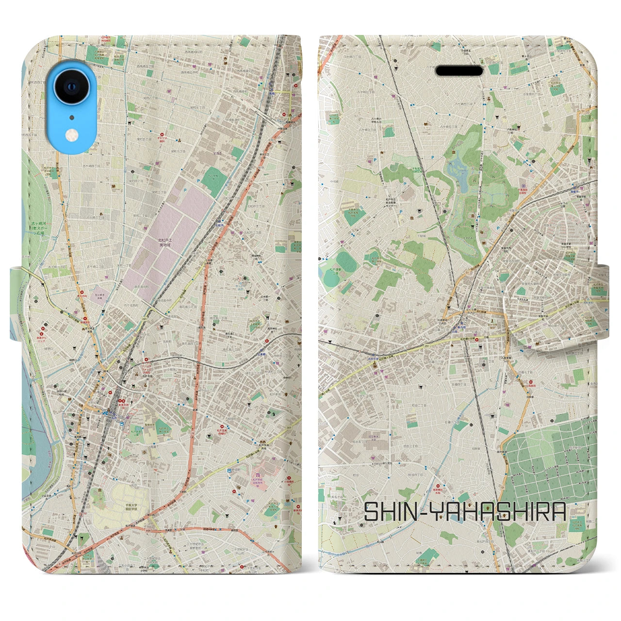 【新八柱(千葉県)】地図柄iPhoneケース(手帳タイプ)ナチュラル・iPhone XR 用
