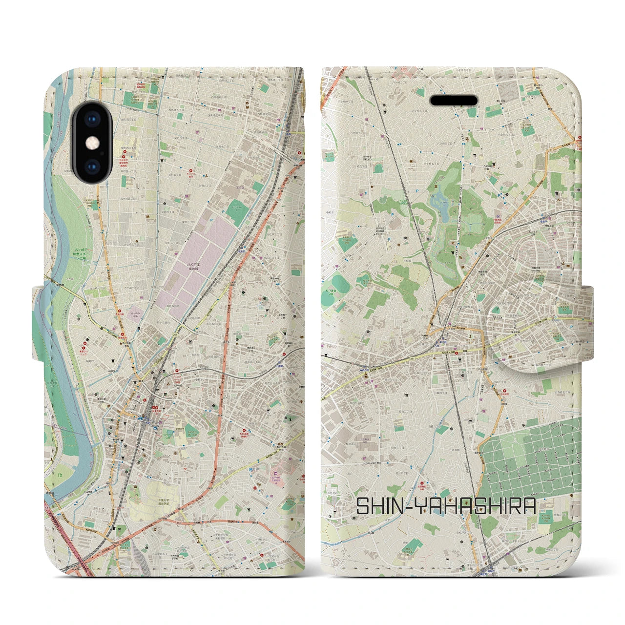 【新八柱(千葉県)】地図柄iPhoneケース(手帳タイプ)ナチュラル・iPhone XS / X 用