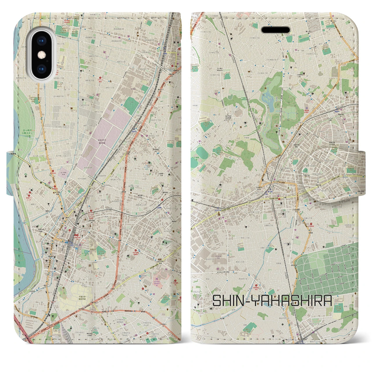 【新八柱(千葉県)】地図柄iPhoneケース(手帳タイプ)ナチュラル・iPhone XS Max 用