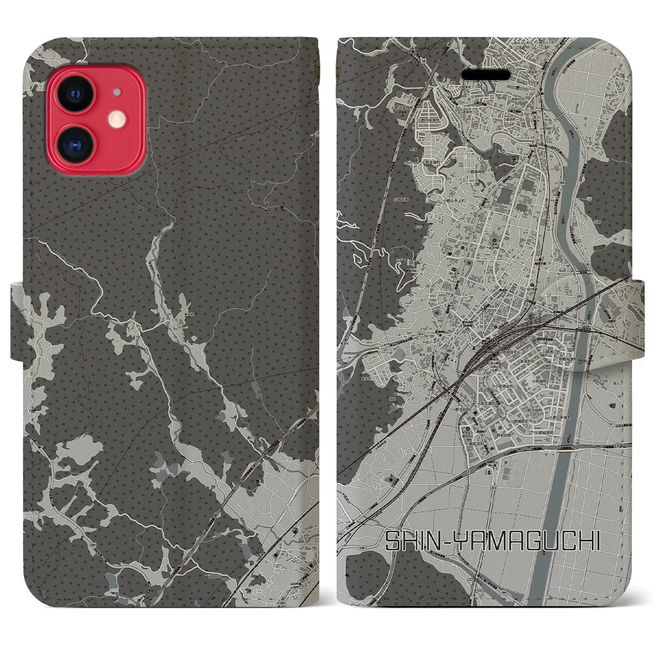 【新山口(山口県)】地図柄iPhoneケース(手帳タイプ)モノトーン・iPhone 11 用