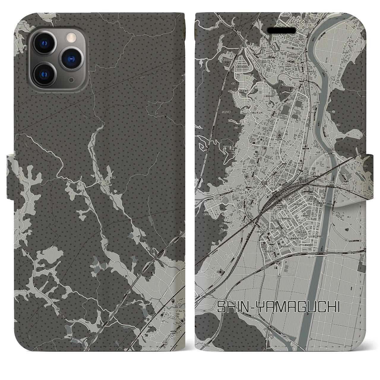 【新山口(山口県)】地図柄iPhoneケース(手帳タイプ)モノトーン・iPhone 11 Pro Max 用