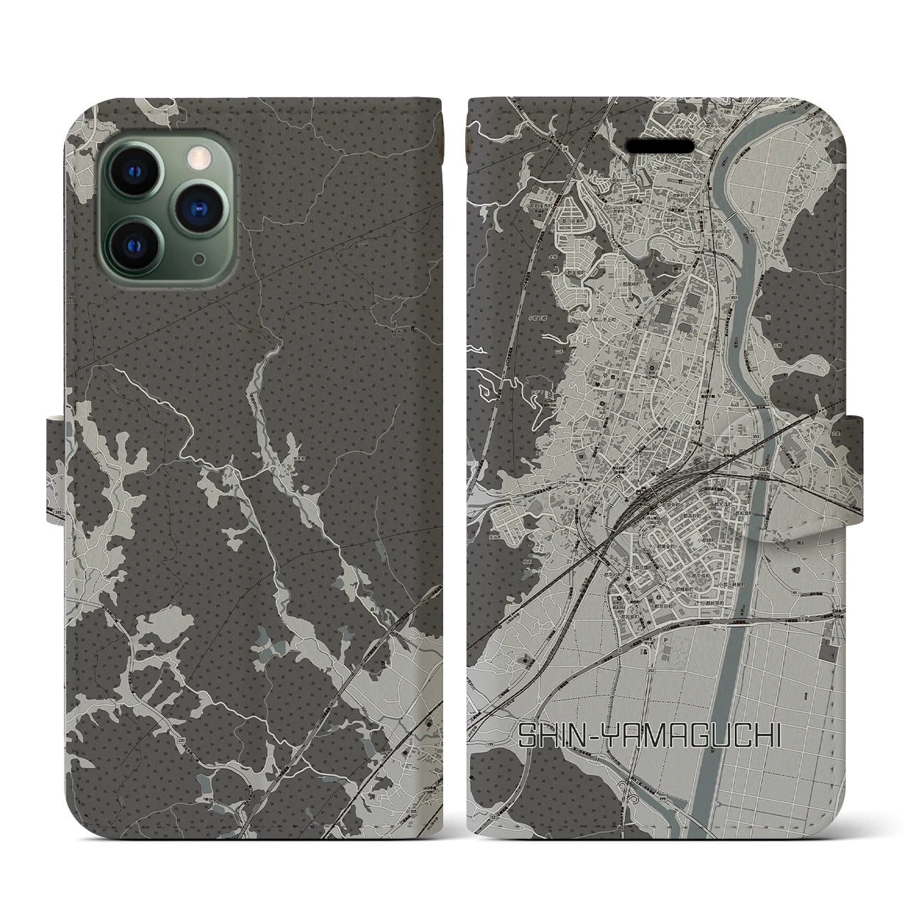 【新山口(山口県)】地図柄iPhoneケース(手帳タイプ)モノトーン・iPhone 11 Pro 用