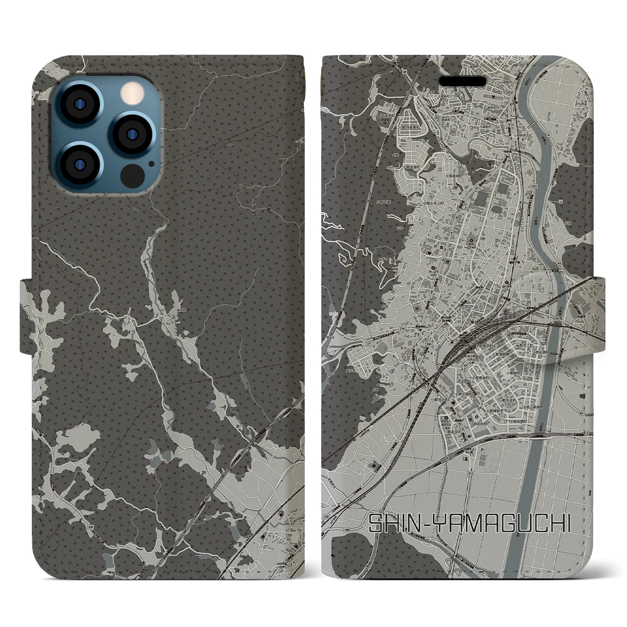 【新山口(山口県)】地図柄iPhoneケース(手帳タイプ)モノトーン・iPhone 12 / 12 Pro 用