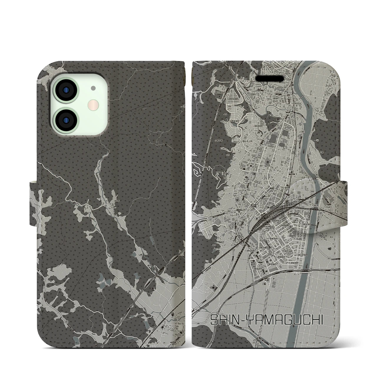 【新山口(山口県)】地図柄iPhoneケース(手帳タイプ)モノトーン・iPhone 12 mini 用