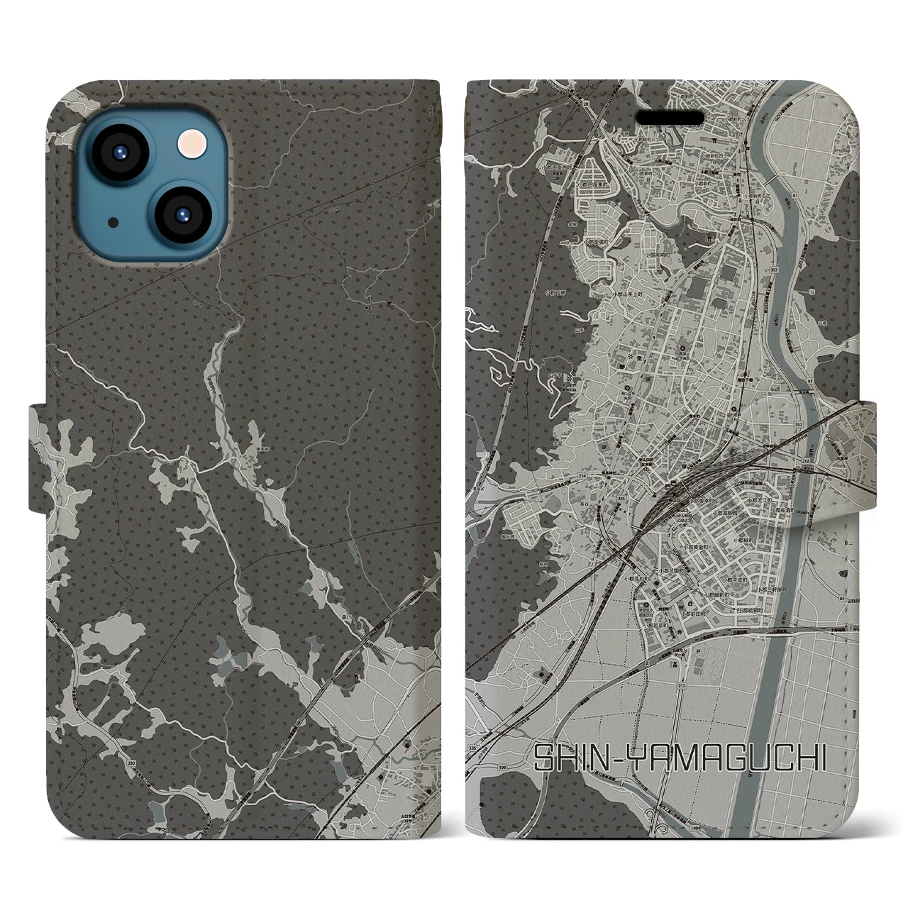 【新山口(山口県)】地図柄iPhoneケース(手帳タイプ)モノトーン・iPhone 13 用