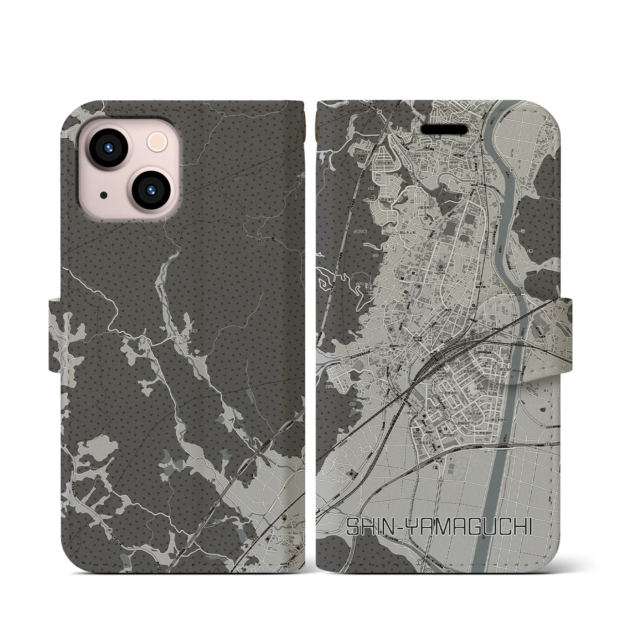 【新山口(山口県)】地図柄iPhoneケース(手帳タイプ)モノトーン・iPhone 13 mini 用