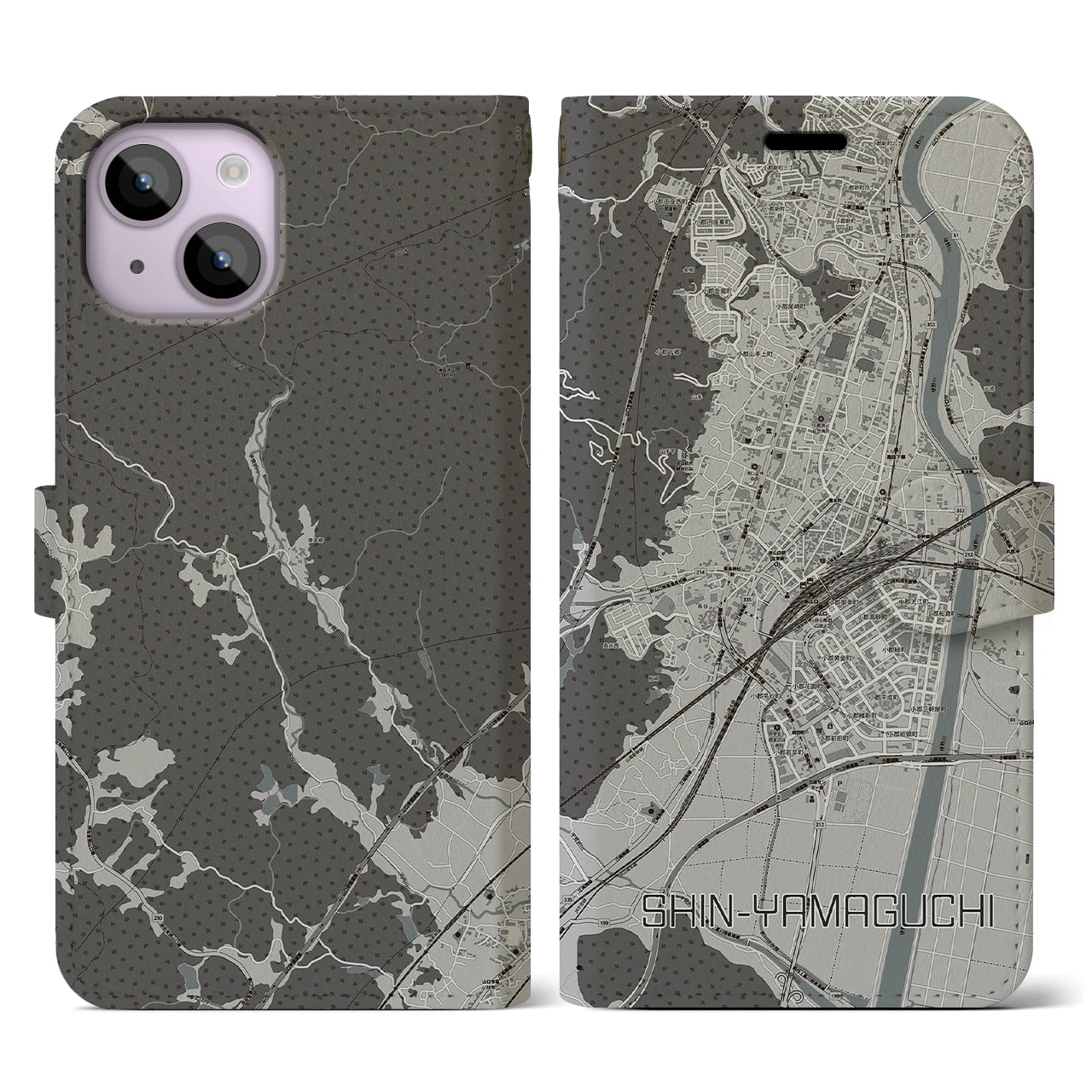 【新山口(山口県)】地図柄iPhoneケース(手帳タイプ)モノトーン・iPhone 14 用