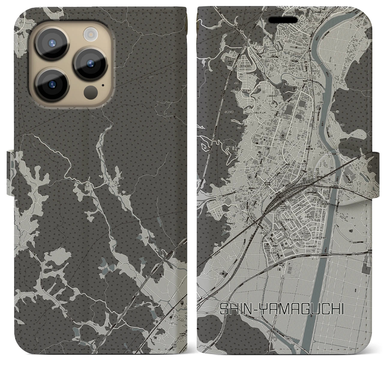 【新山口(山口県)】地図柄iPhoneケース(手帳タイプ)モノトーン・iPhone 14 Pro Max 用
