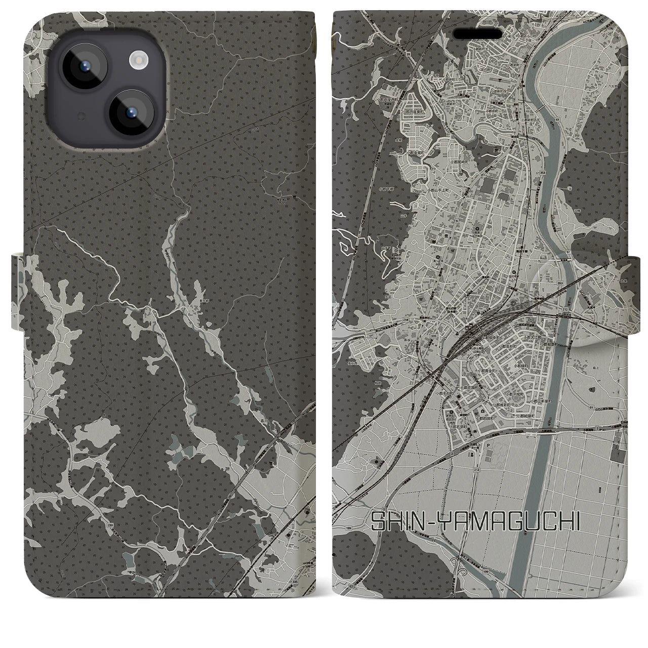 【新山口(山口県)】地図柄iPhoneケース(手帳タイプ)モノトーン・iPhone 14 Plus 用