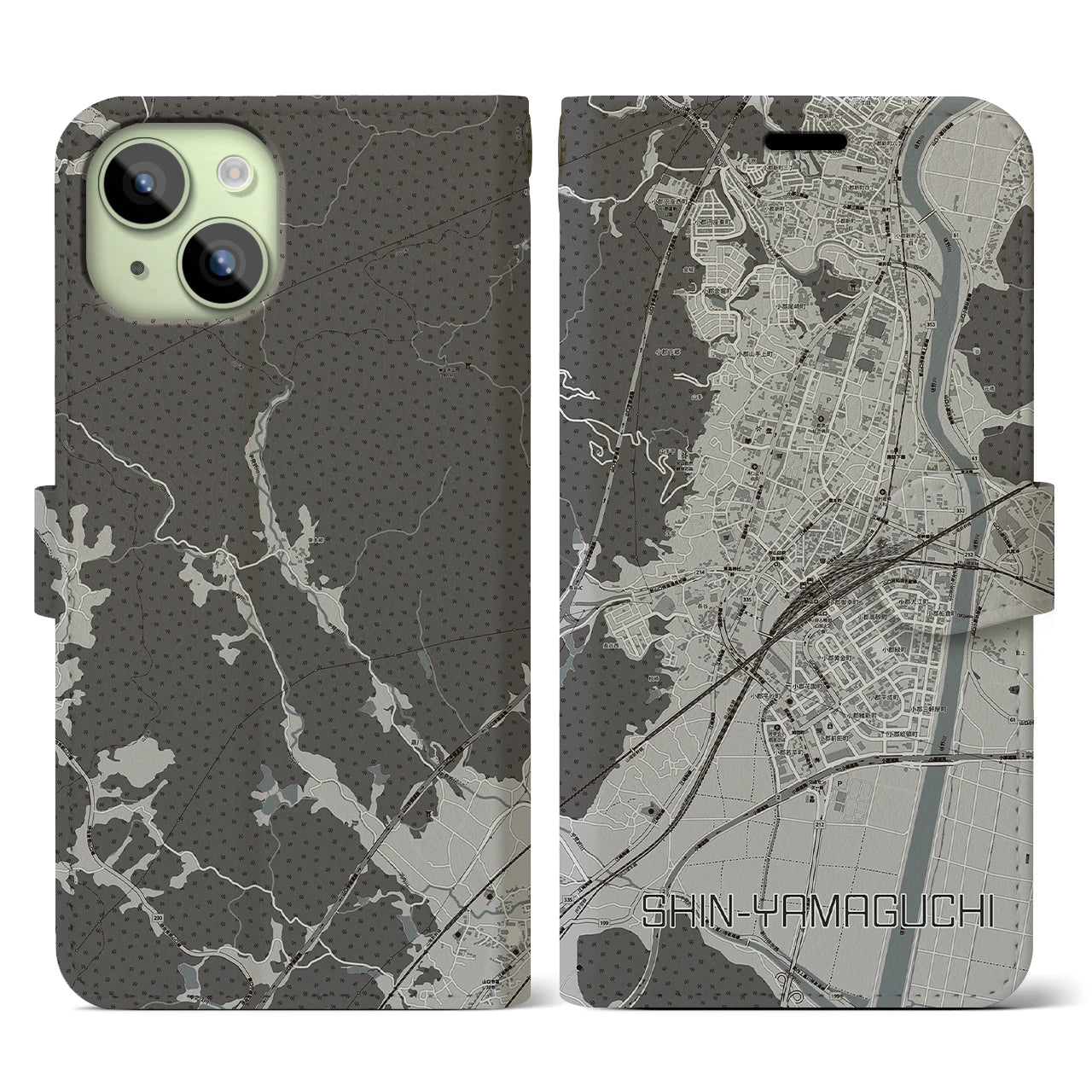 【新山口(山口県)】地図柄iPhoneケース(手帳タイプ)モノトーン・iPhone 15 用