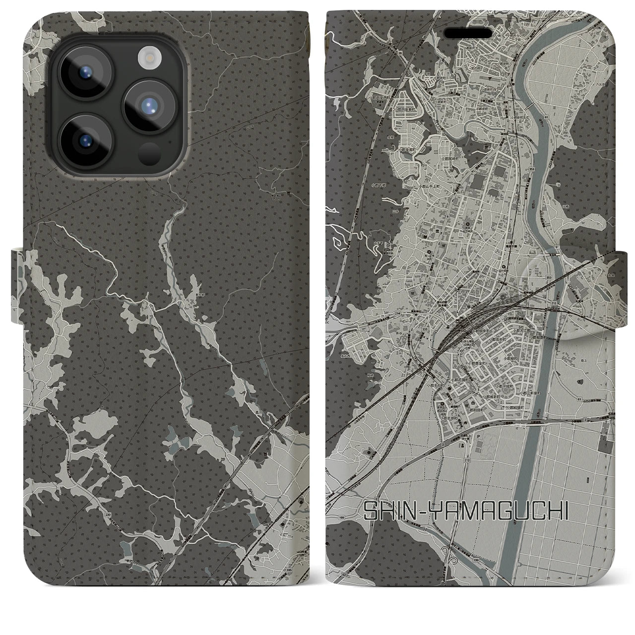 【新山口(山口県)】地図柄iPhoneケース(手帳タイプ)モノトーン・iPhone 15 Pro Max 用