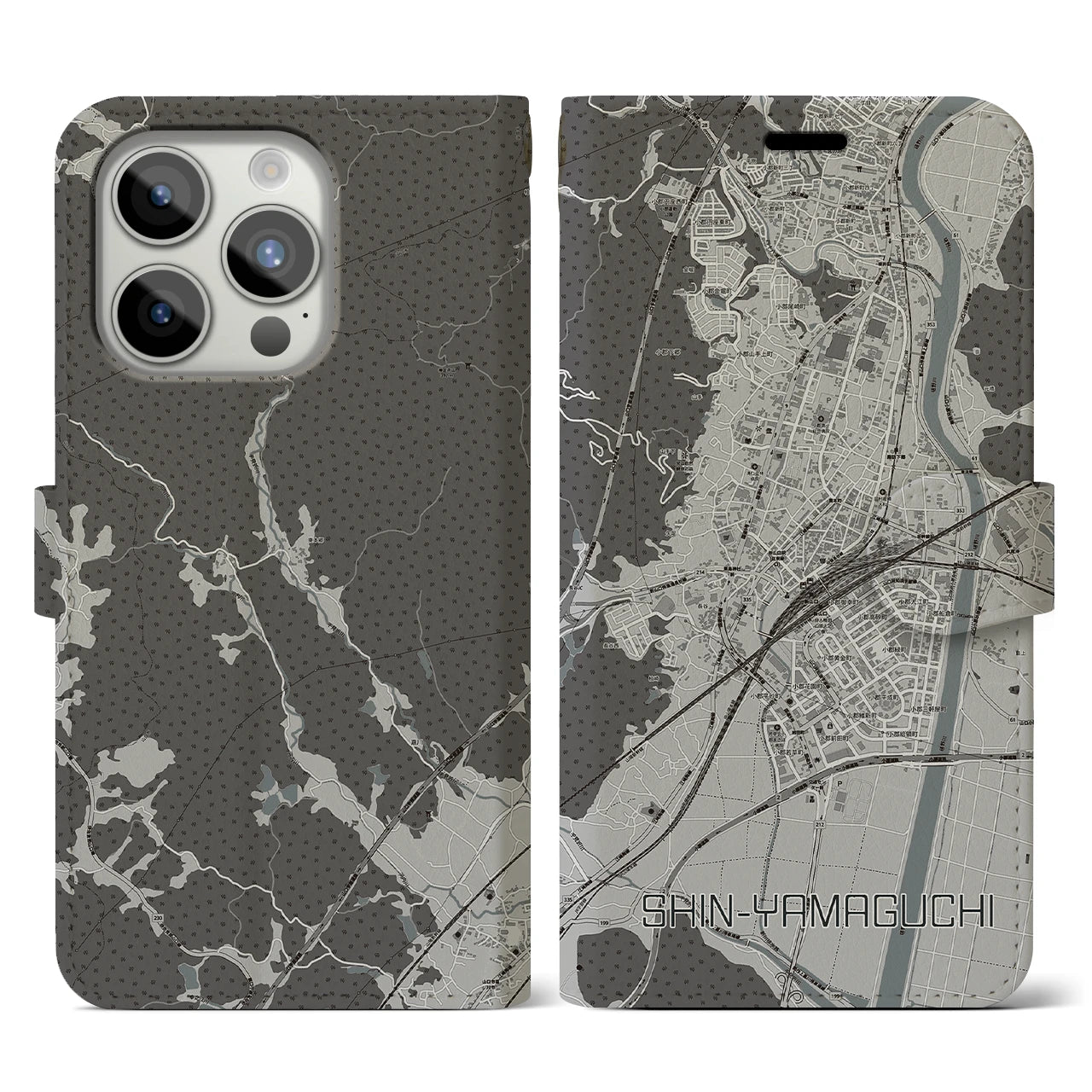 【新山口(山口県)】地図柄iPhoneケース(手帳タイプ)モノトーン・iPhone 15 Pro 用