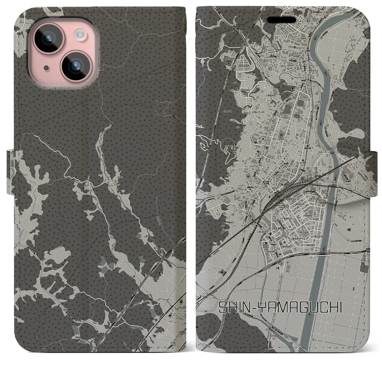【新山口(山口県)】地図柄iPhoneケース(手帳タイプ)モノトーン・iPhone 15 Plus 用