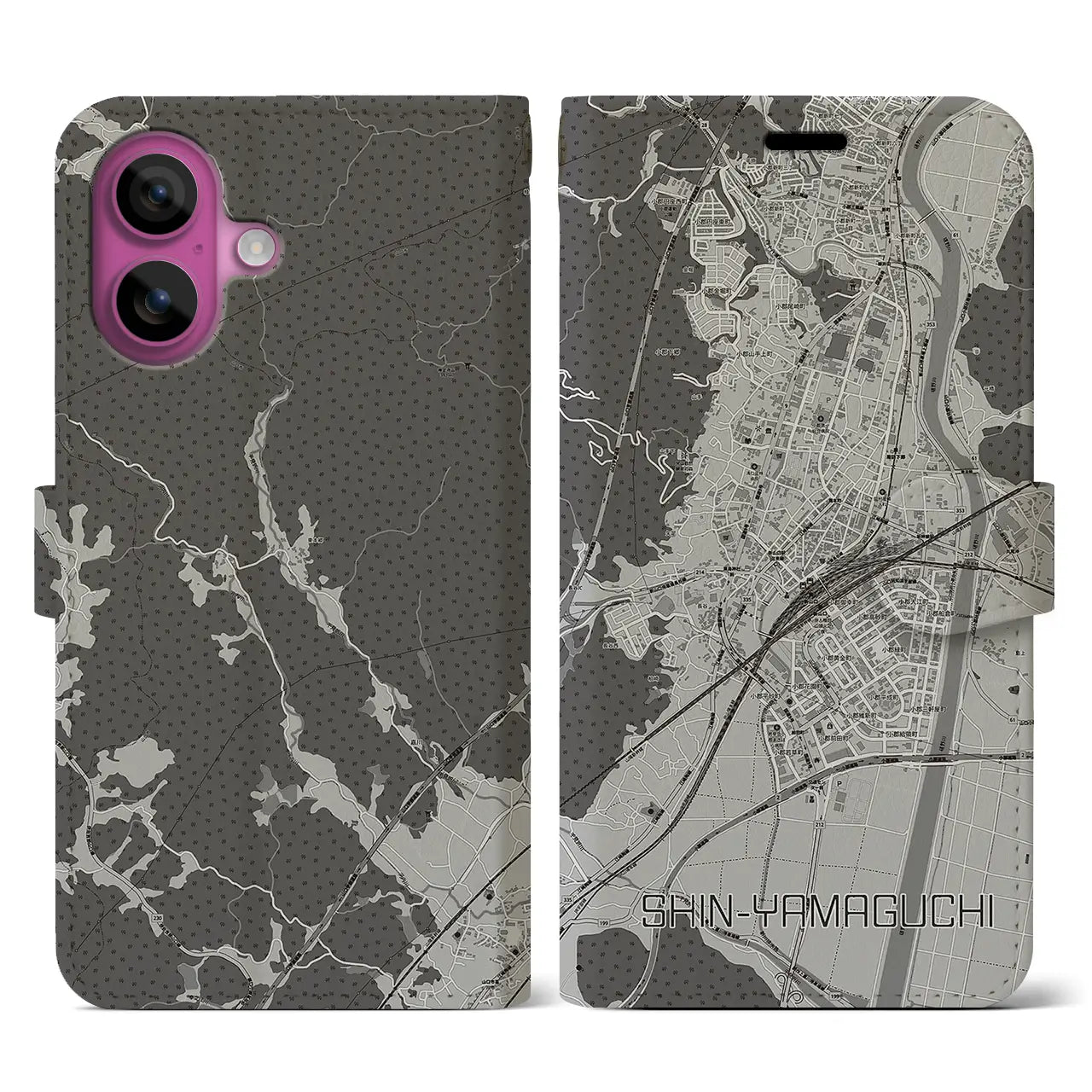 【新山口(山口県)】地図柄iPhoneケース(手帳タイプ)モノトーン・iPhone 16 Pro 用