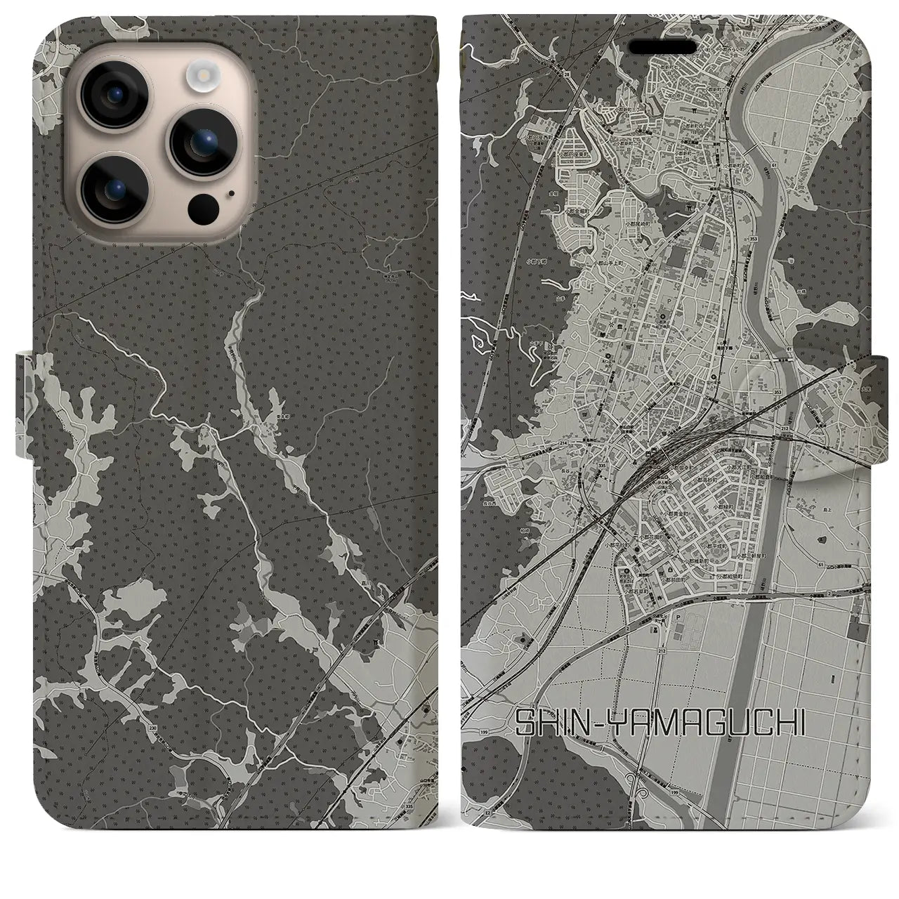 【新山口(山口県)】地図柄iPhoneケース(手帳タイプ)モノトーン・iPhone 16 Plus 用