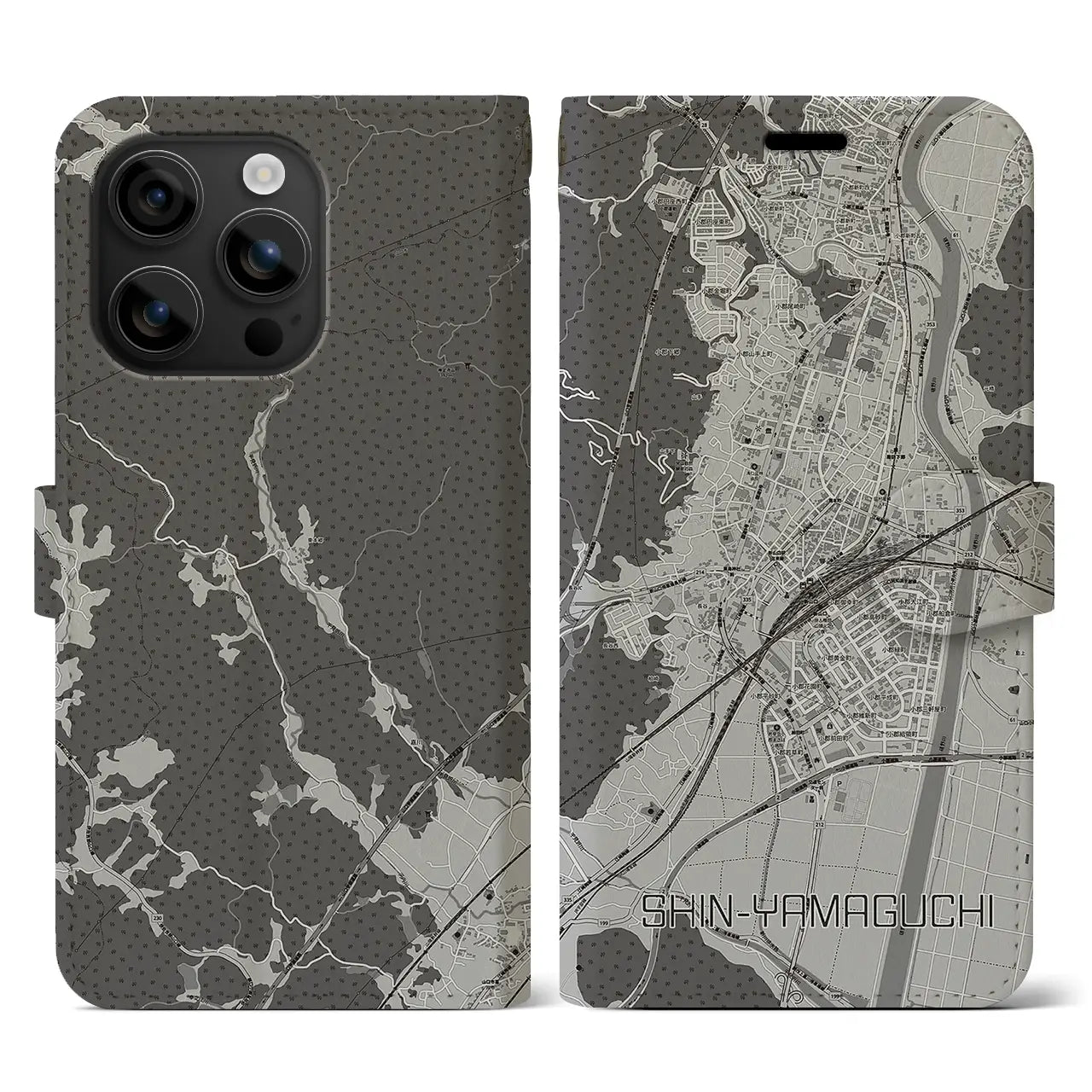 【新山口(山口県)】地図柄iPhoneケース(手帳タイプ)モノトーン・iPhone 16 用