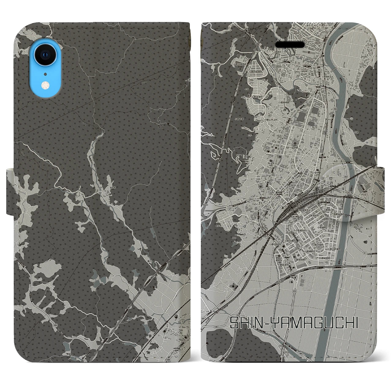 【新山口(山口県)】地図柄iPhoneケース(手帳タイプ)モノトーン・iPhone XR 用