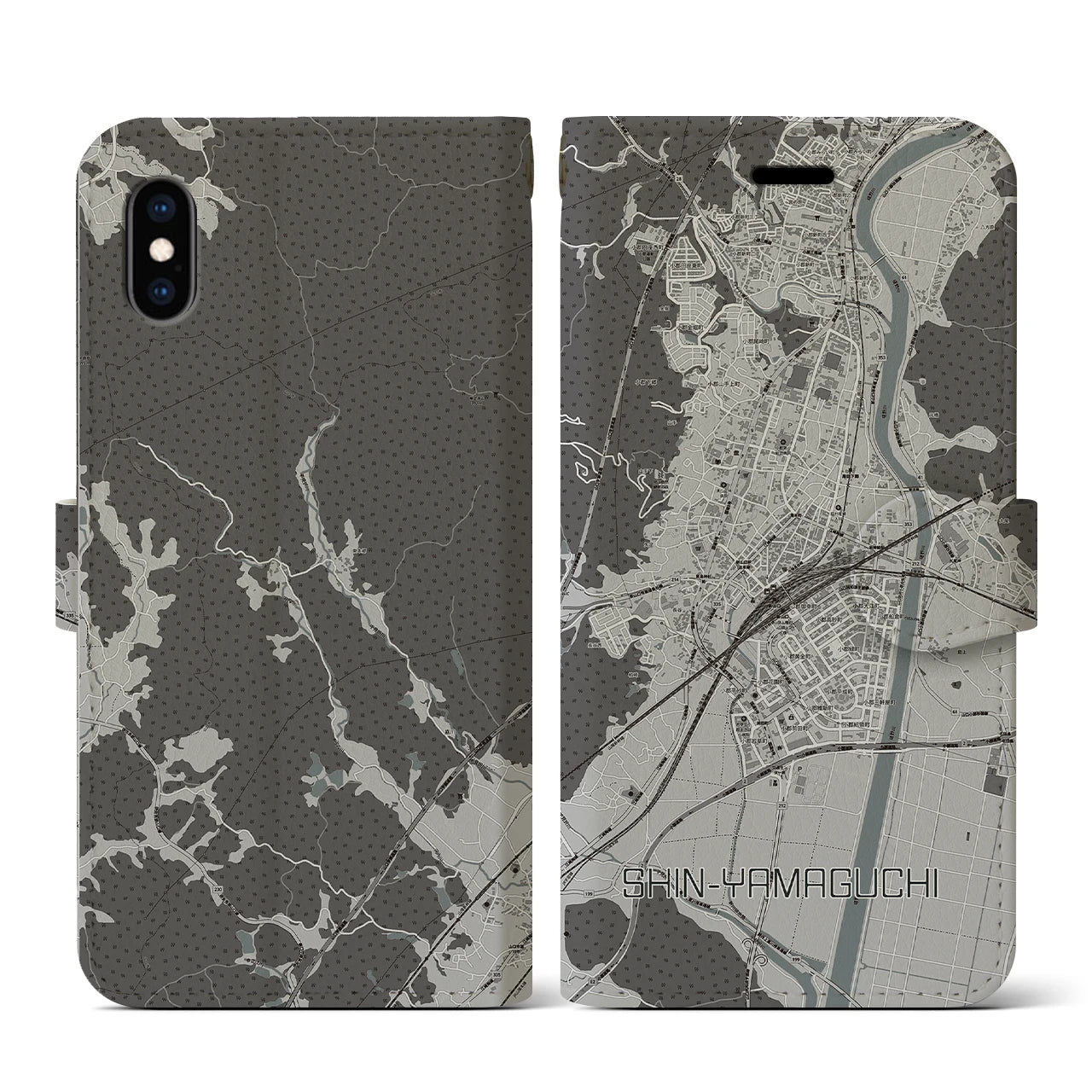 【新山口(山口県)】地図柄iPhoneケース(手帳タイプ)モノトーン・iPhone XS / X 用