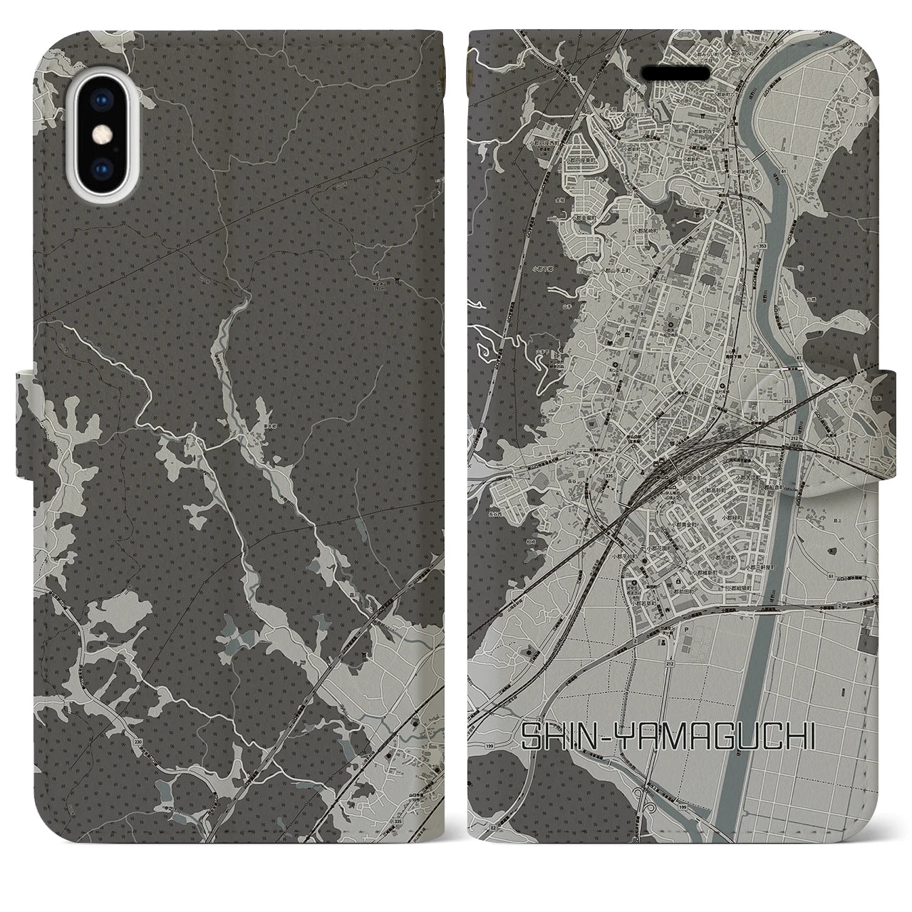 【新山口(山口県)】地図柄iPhoneケース(手帳タイプ)モノトーン・iPhone XS Max 用