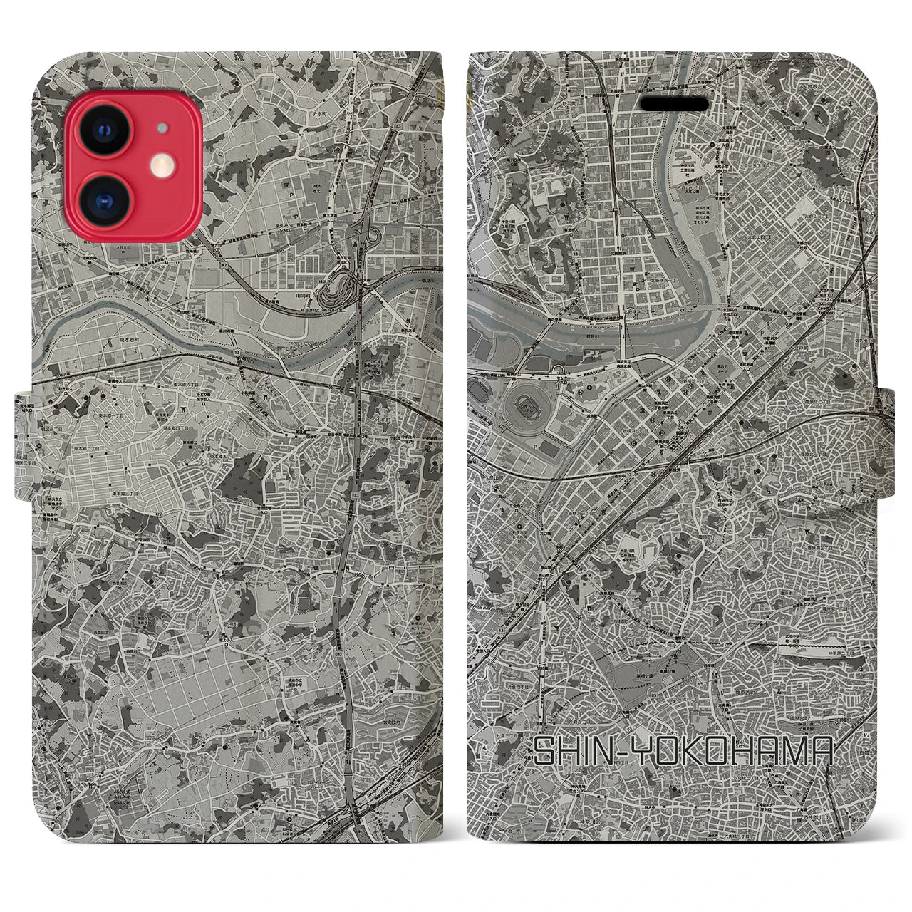 【新横浜(神奈川県)】地図柄iPhoneケース(手帳タイプ)モノトーン・iPhone 11 用