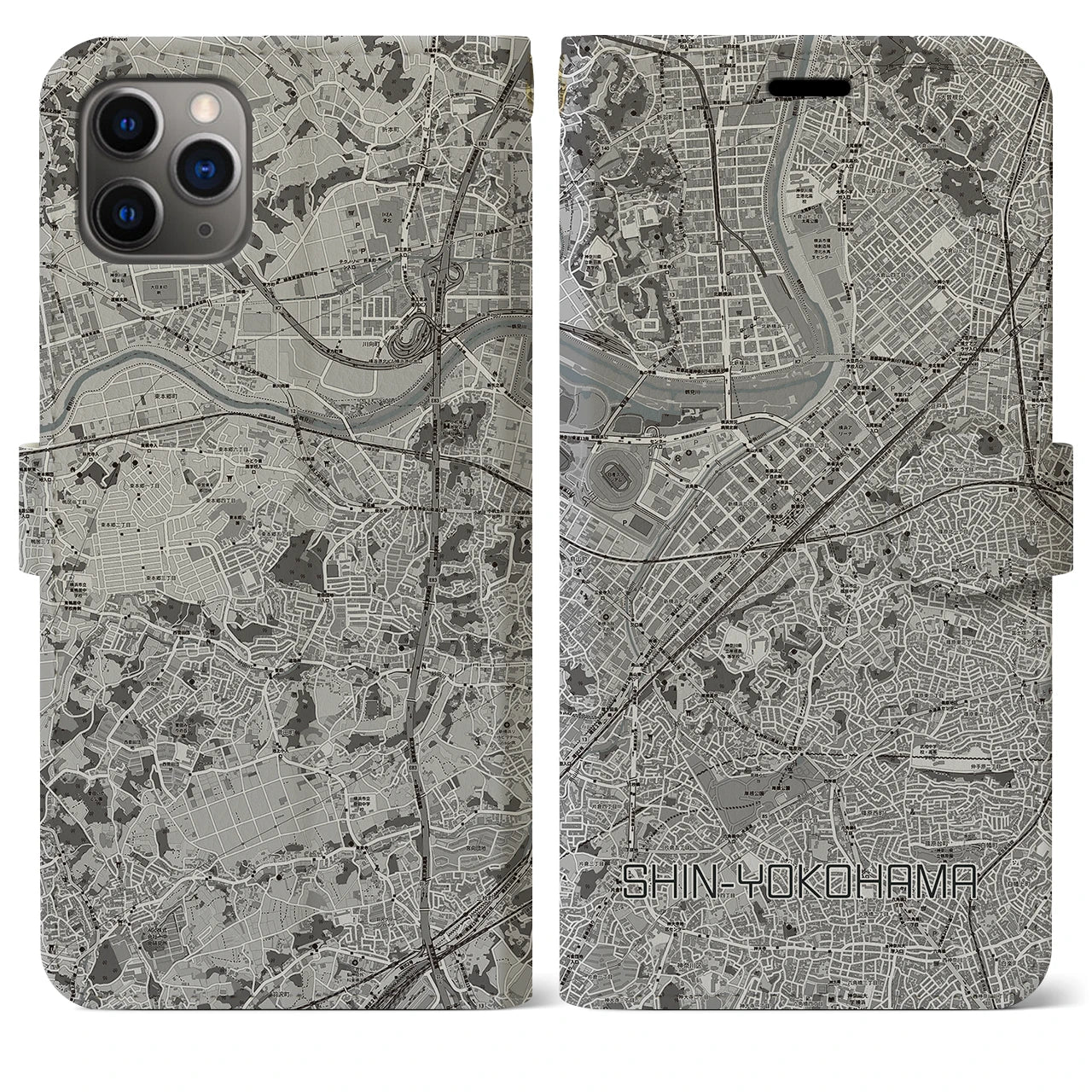 【新横浜(神奈川県)】地図柄iPhoneケース(手帳タイプ)モノトーン・iPhone 11 Pro Max 用