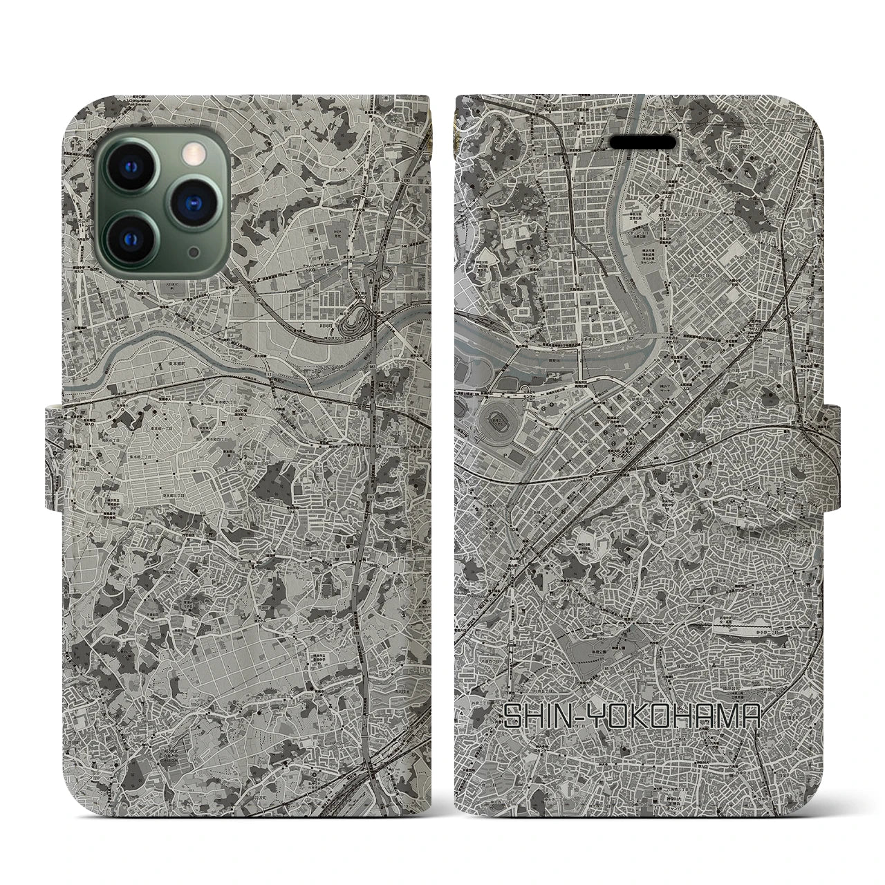 【新横浜(神奈川県)】地図柄iPhoneケース(手帳タイプ)モノトーン・iPhone 11 Pro 用