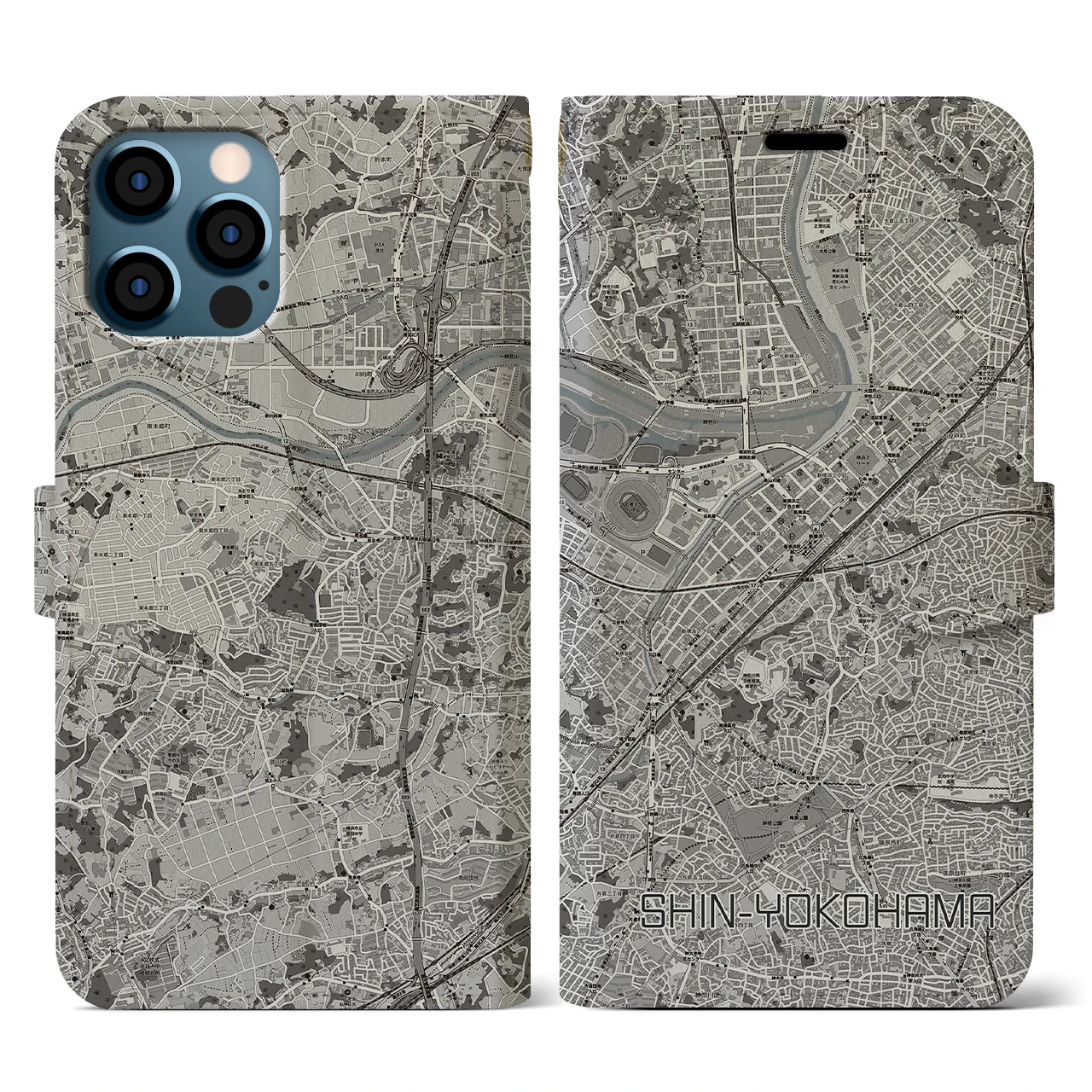【新横浜(神奈川県)】地図柄iPhoneケース(手帳タイプ)モノトーン・iPhone 12 / 12 Pro 用