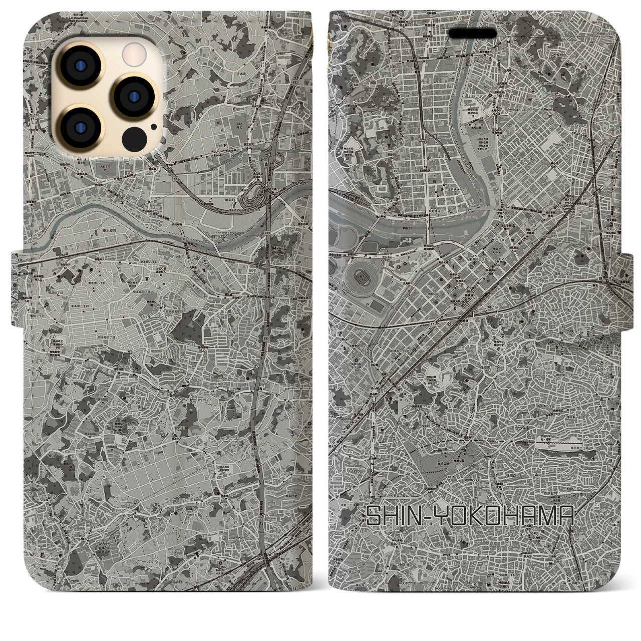 【新横浜(神奈川県)】地図柄iPhoneケース(手帳タイプ)モノトーン・iPhone 12 Pro Max 用