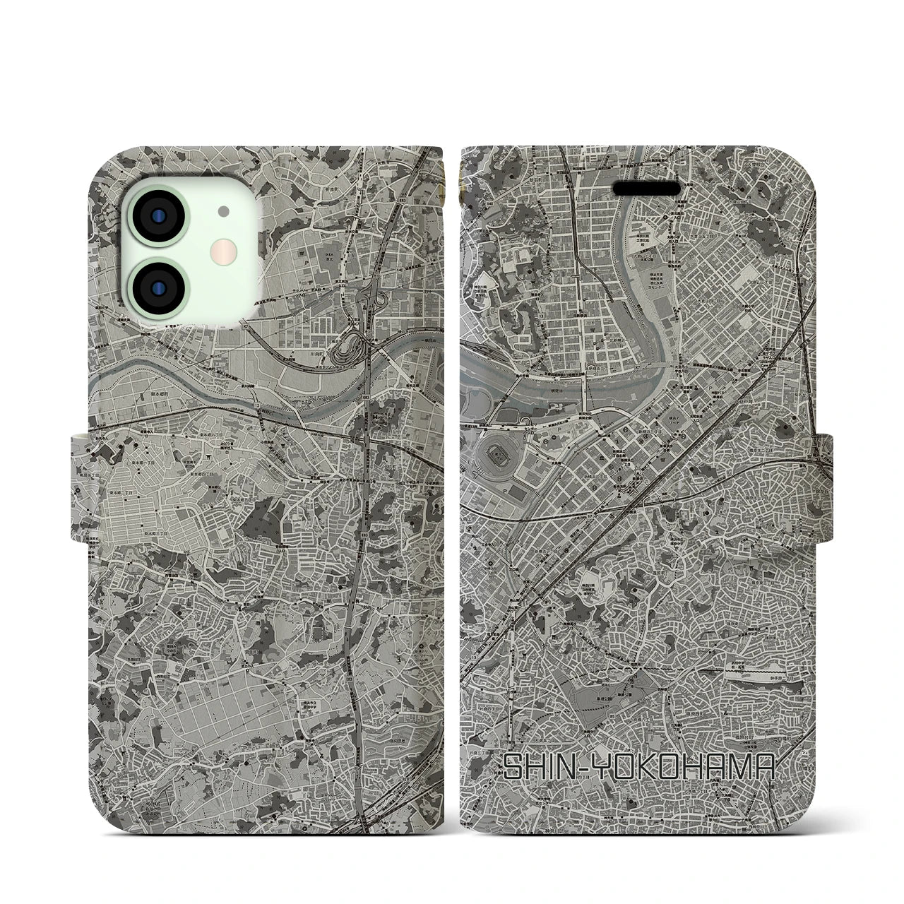 【新横浜(神奈川県)】地図柄iPhoneケース(手帳タイプ)モノトーン・iPhone 12 mini 用