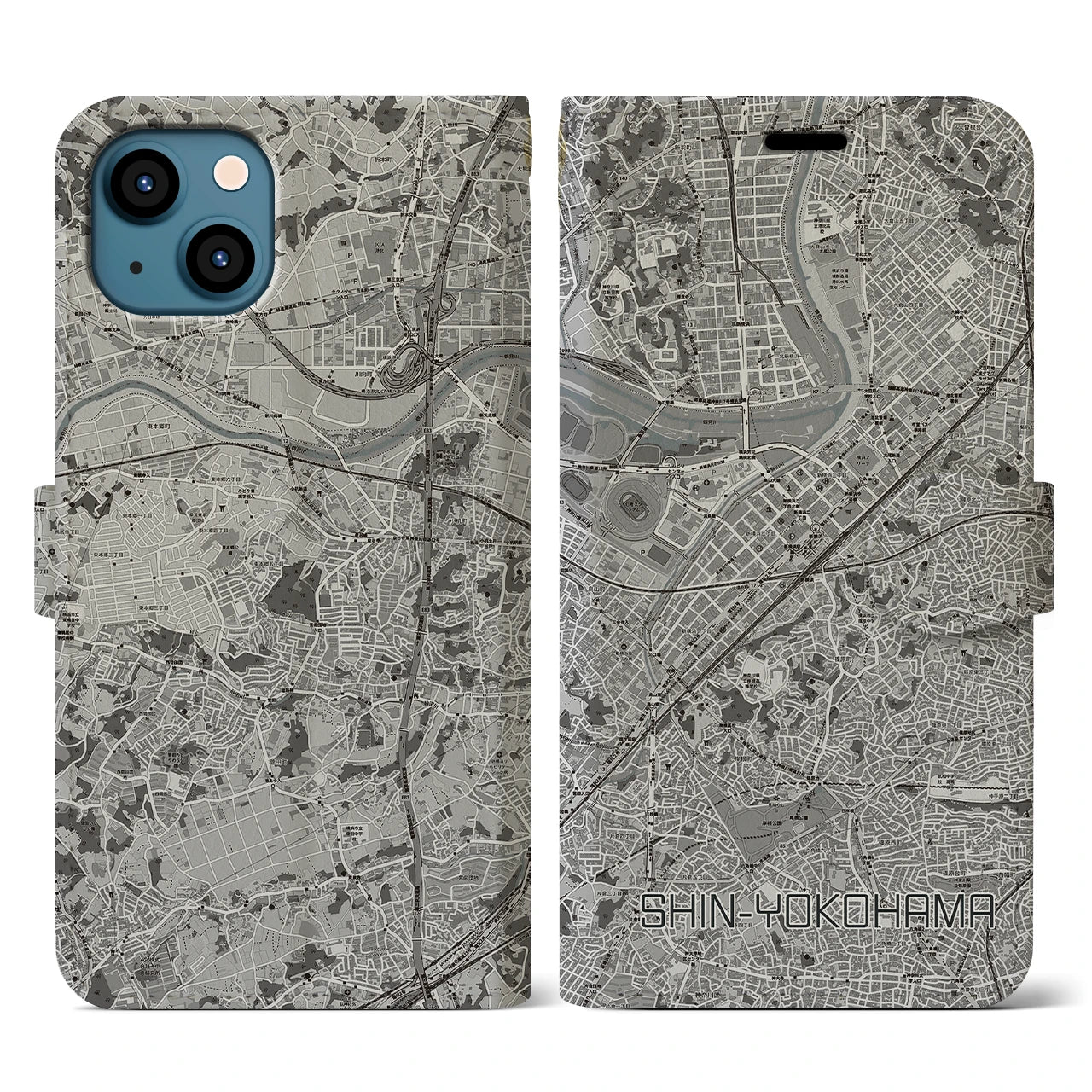 【新横浜(神奈川県)】地図柄iPhoneケース(手帳タイプ)モノトーン・iPhone 13 用