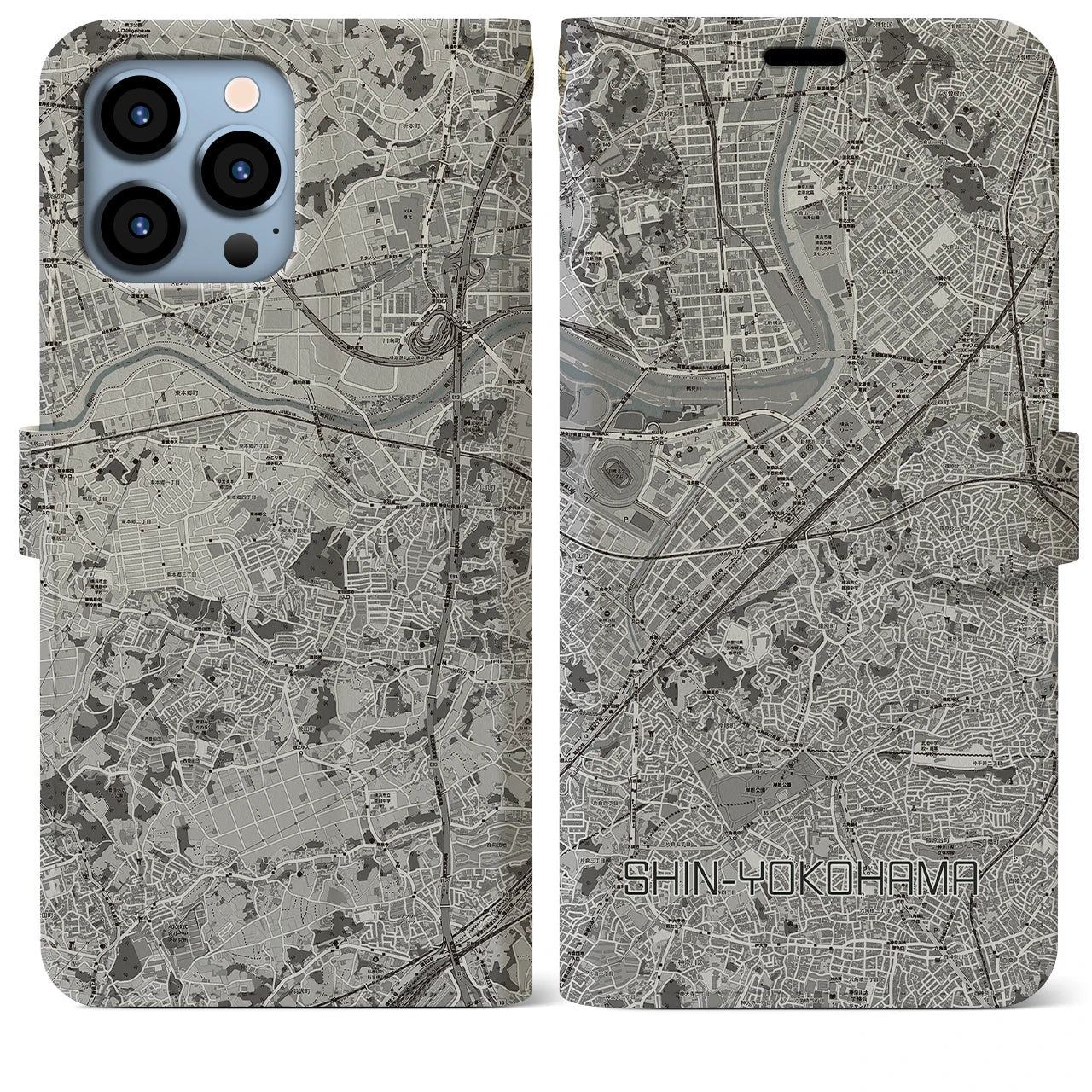 【新横浜(神奈川県)】地図柄iPhoneケース(手帳タイプ)モノトーン・iPhone 13 Pro Max 用